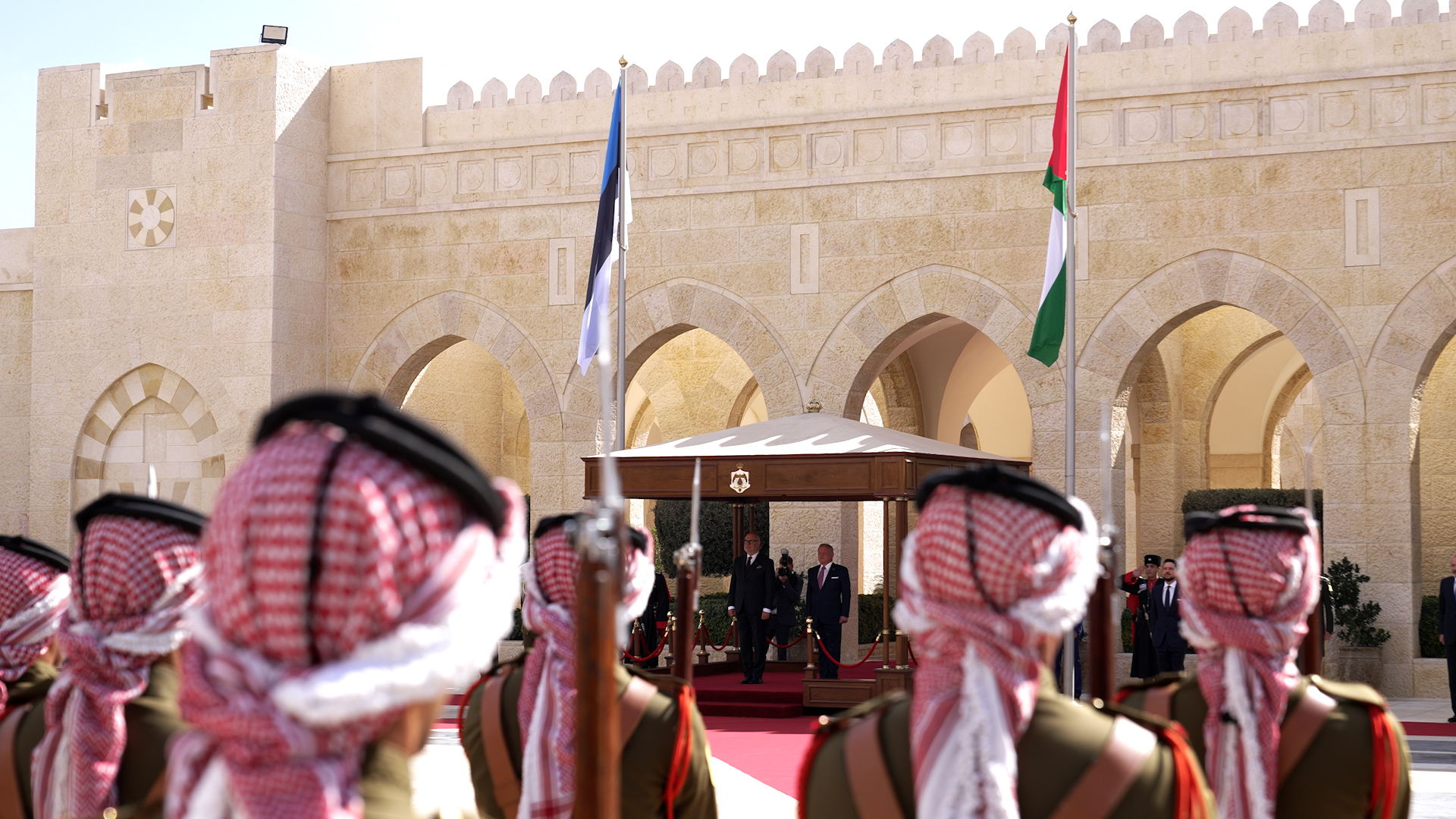 His Majesty King Abdullah II receives Estonia President Alar Karis at Al Husseiniya Palace for talks attended by His Royal Highness Crown Prince Al Hussein