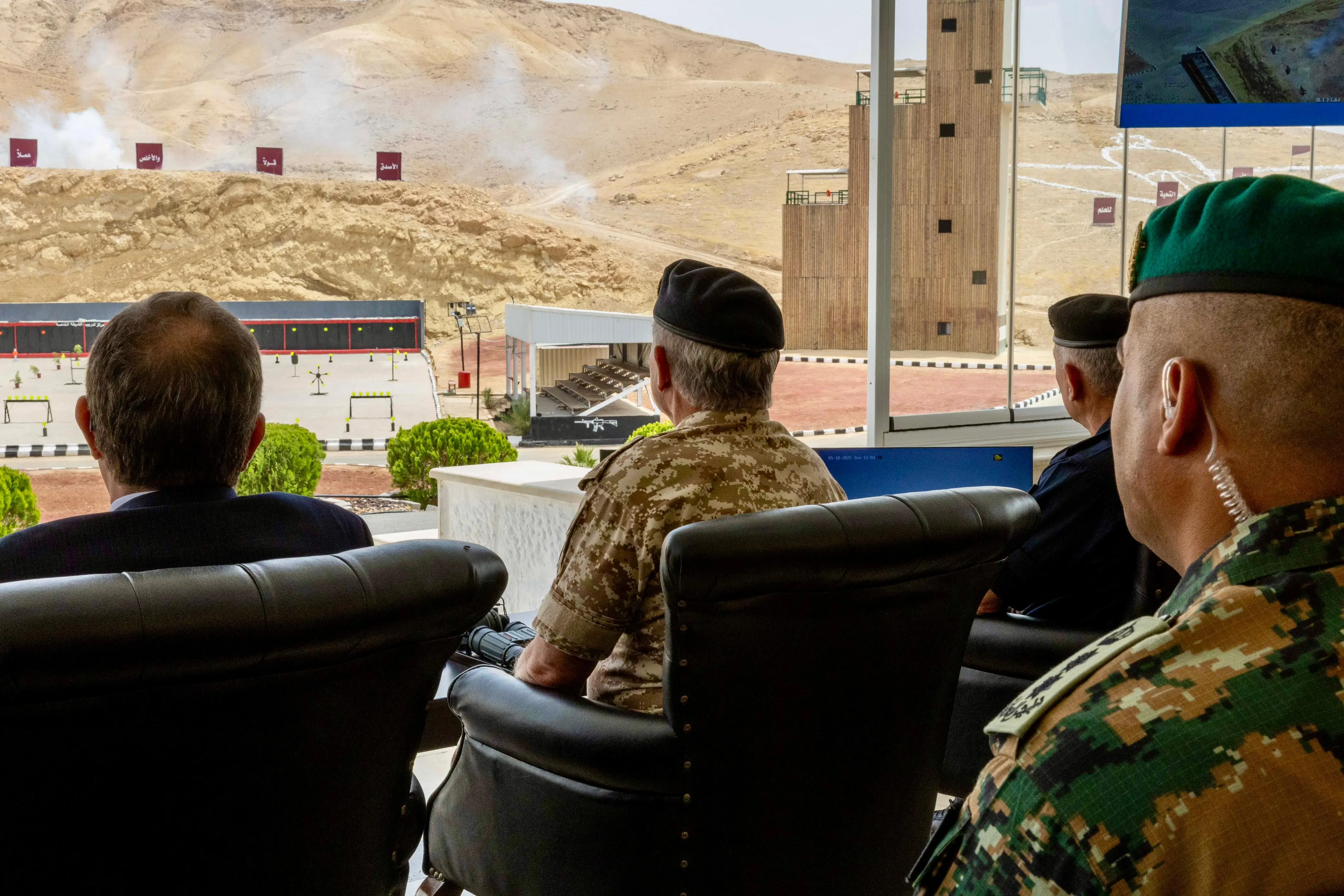 His Majesty King Abdullah II, Supreme Commander of the Jordan Armed Forces-Arab Army, attends a security exercise conducted jointly by the JAF, the General Intelligence Department, and the Public Security Directorate at the Special Police Training Centre