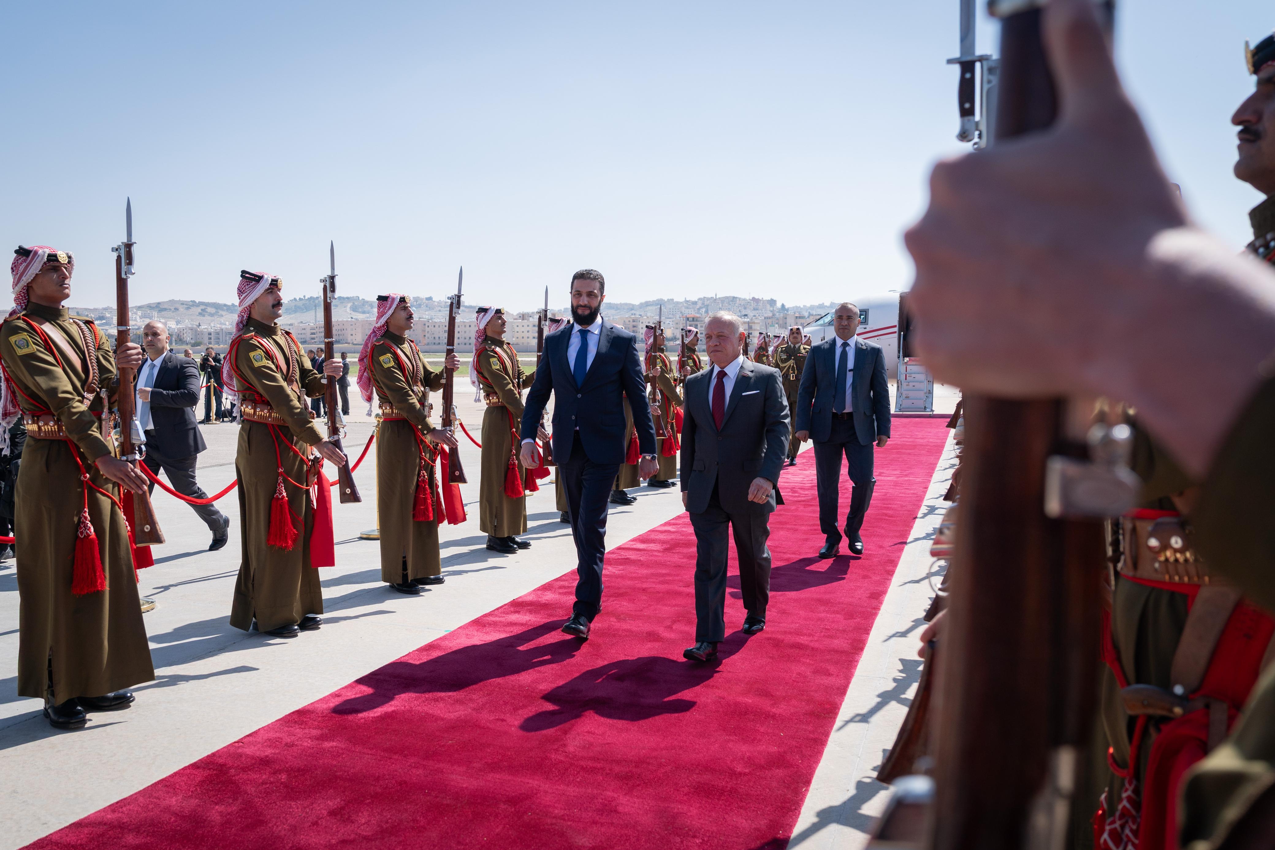 His Majesty King Abdullah II received Syria President Ahmed Al Sharaa in Amman for a meeting attended by His Royal Highness Crown Prince Al Hussein.